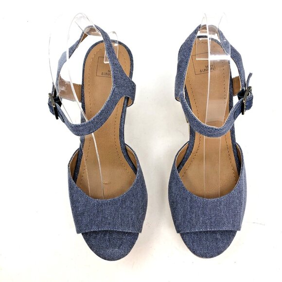14th & Union Sandals Womens 8.5M Blue Fabric Peep Toe Slingback Chunky Cork Heel - Picture 3 of 9
